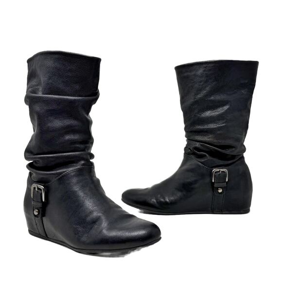 Stuart Weitzman Rugerio Boots Womens 7 M Black Leather Wedge Slouchy Moto - Picture 2 of 14